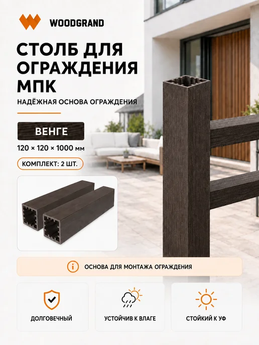 WOODGRAND Столб для ограждения из МПК, Венге, 1 метр - 1 шт, 1 м, 2 шт