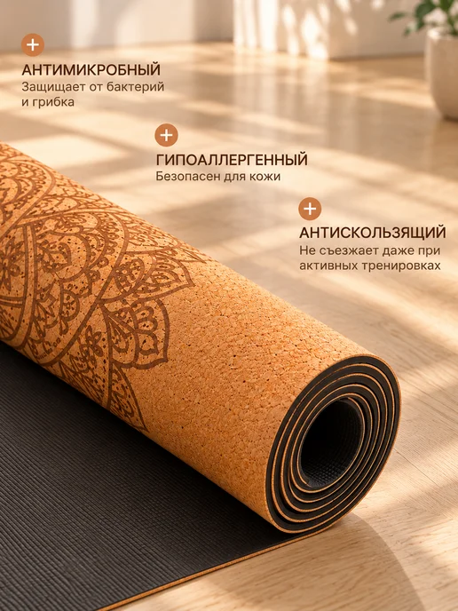 Nonstopika Коврик для йоги и фитнеса нескользящий из каучука, бежевый, фото 6