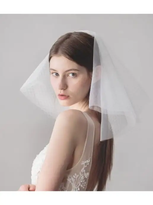 Romantic Wedding Короткая мини фата невесты с вуалью сеткой на гребне по шею, белый, фото 2