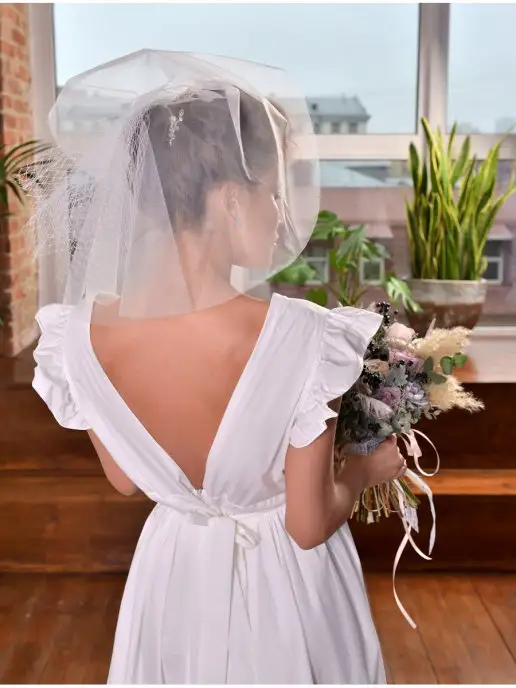 Romantic Wedding Короткая мини фата невесты с вуалью сеткой на гребне по шею, белый, фото 3