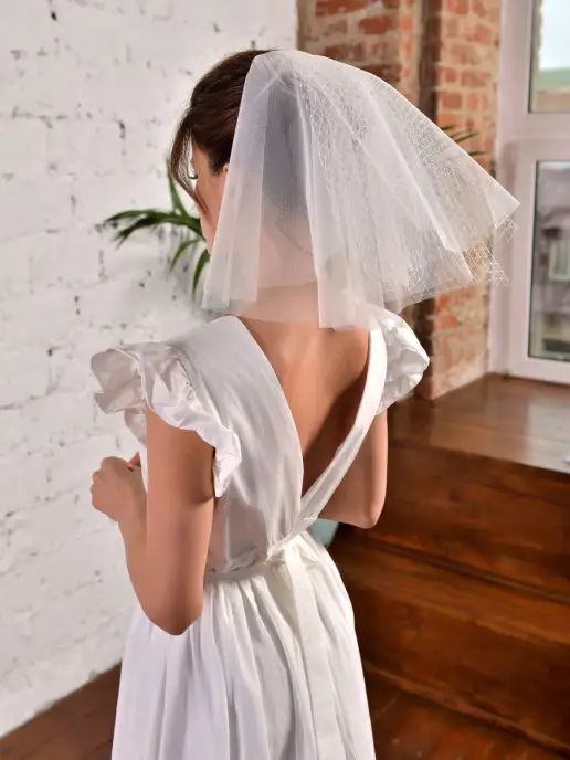 Romantic Wedding Короткая мини фата невесты с вуалью сеткой на гребне по шею, белый, фото 6