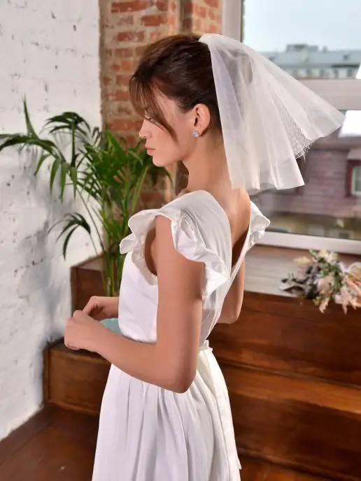 Romantic Wedding Короткая мини фата невесты с вуалью сеткой на гребне по шею, белый, фото 7