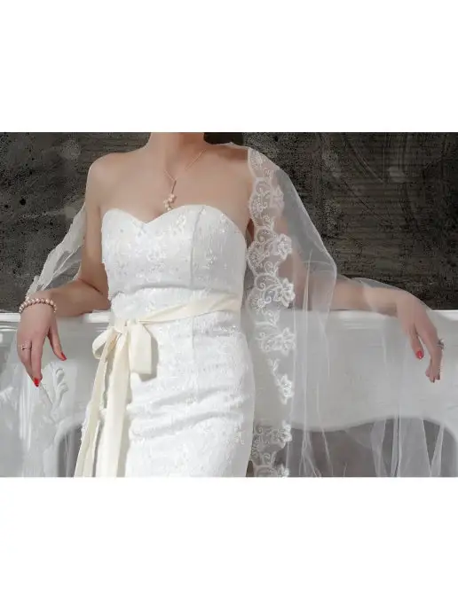 Romantic Wedding Свадебная кружевная фата с цветами айвори испанка, белый, фото 3