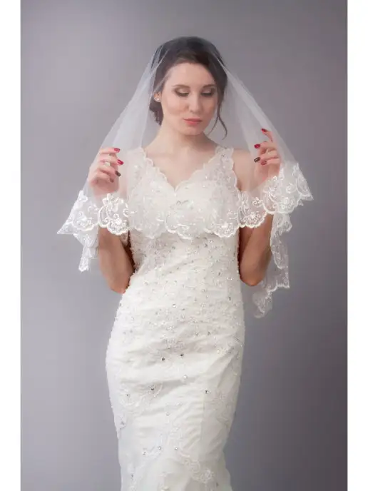 Romantic Wedding Свадебная кружевная фата испанка белая цветочная, белый, фото 2
