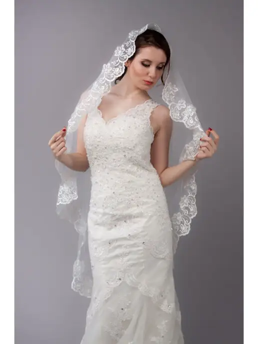 Romantic Wedding Свадебная кружевная фата испанка белая цветочная, белый, фото 5