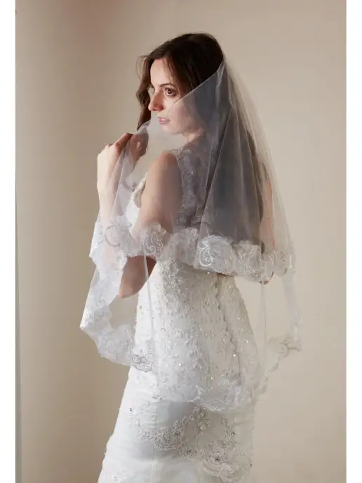 Romantic Wedding Свадебная кружевная фата испанка белая цветочная, белый, фото 7