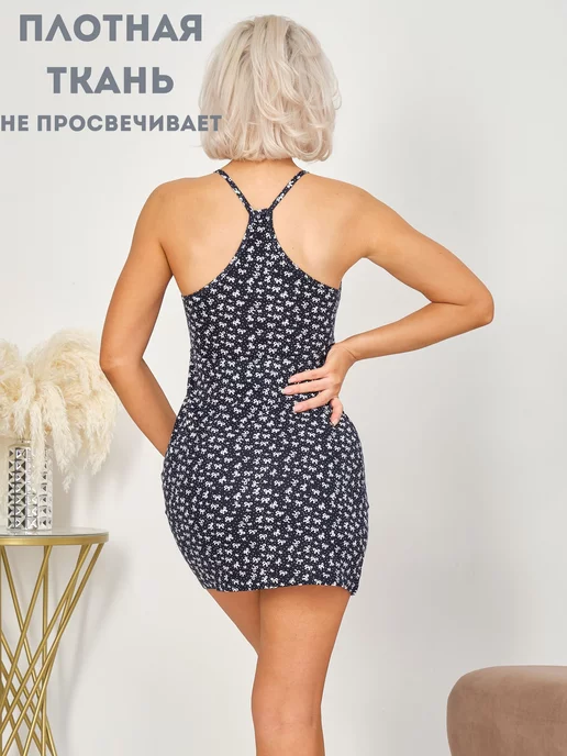 Лилия Аббясова Сорочка ночная на бретельках ночнушка короткая хлопок, синий, фото 4