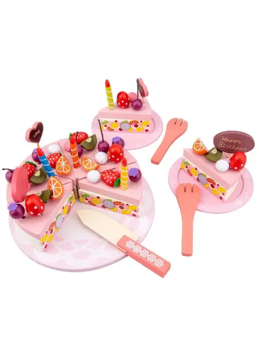 Caramba_toys Игровой набор торт деревянный, игрушечная еда, розовый