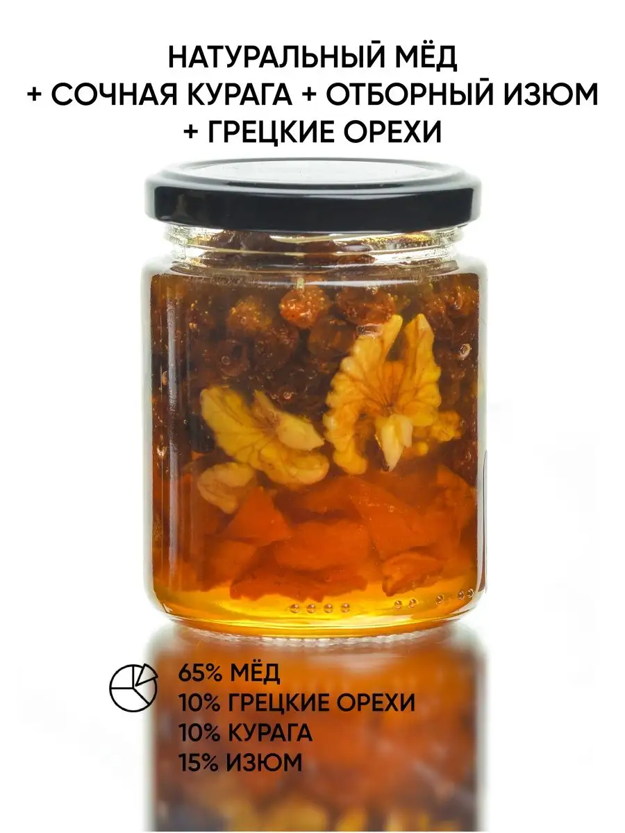 Мед с грецким орехом, курагой и изюмом 320 г Bee live 71664082 купить за  308 ₽ в интернет-магазине Wildberries