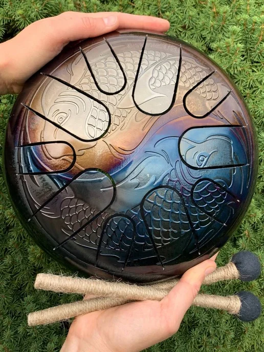 ShinySteelDrums Глюкофон 30 см музыкальный для медитации ханг с чехлом Рыбы, желтый, фото 5