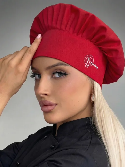 Kupifartuk Колпак поварской с вышивкой, красный