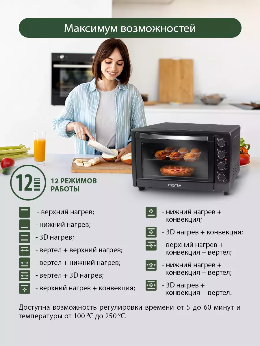 Духовка электрическая настольная, шашлычница, 50 л Marta 71813588 купить в  интернет-магазине Wildberries