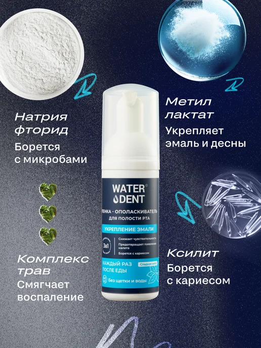 Waterdent Пенка для зубов и полости рта Укрепление эмали, зеленый, фото 3