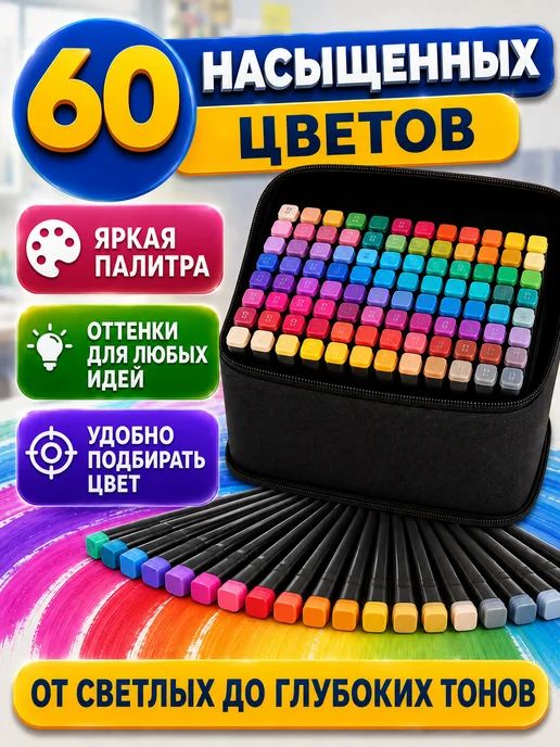 Фломастеры для скетчинга Фломастеры двухсторонние для скетчинга 60 цветов, 60 цв., фото 6