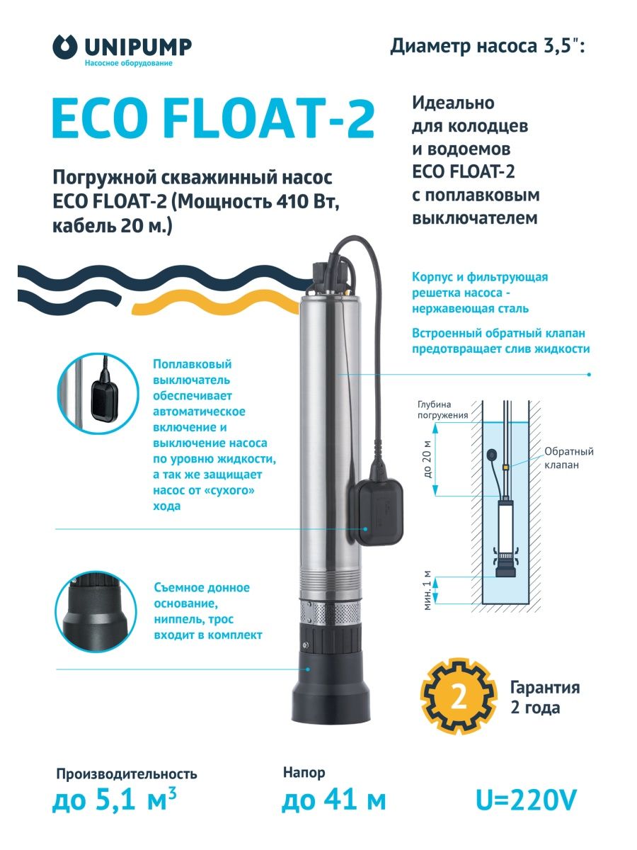 Насос UNIPUMP Eco Float-3. Погружной насос Eco Float-3 с попл. Выкл., 480вт. UNIPUMP Eco 3-40 обзоры. Характеристики UNIPUMP Eco.